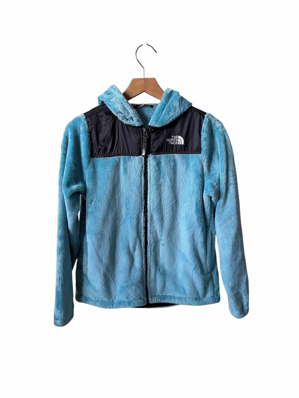 North Face blue hooded full zip furry fleece jacket size kids Large